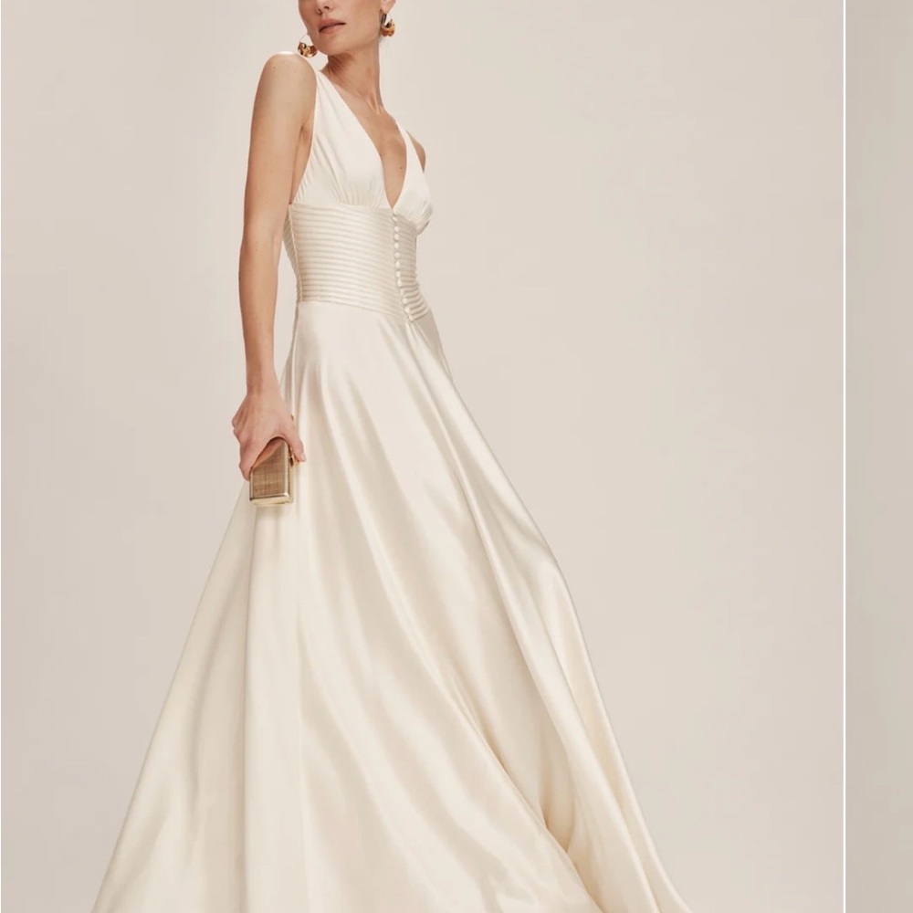 Reformation Arianwen Ivory Satin Plunging V-Neck A-Line Wedding Dress